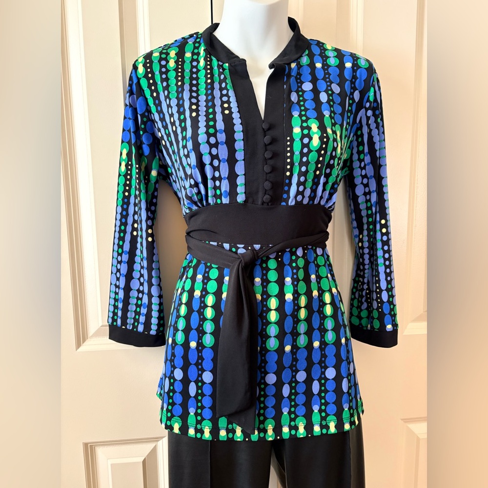 Cato Black, Blue & Green Dot-Print Tunic with Sash